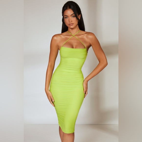 Oh Polly Dresses & Skirts - Ohpolly Front Cross Strap Ruched Midi Dress in Lime - Size Medium (US 6) BNWT
